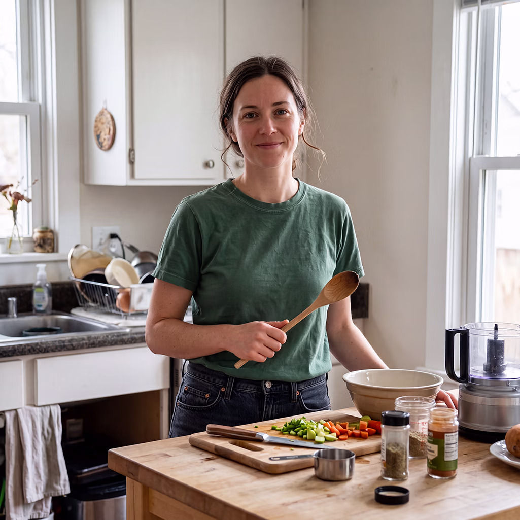 Anne cooking in her kitchen