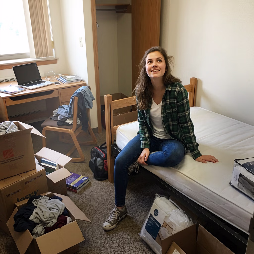 Anne sitting on a mattress in her first apartment on move-in day