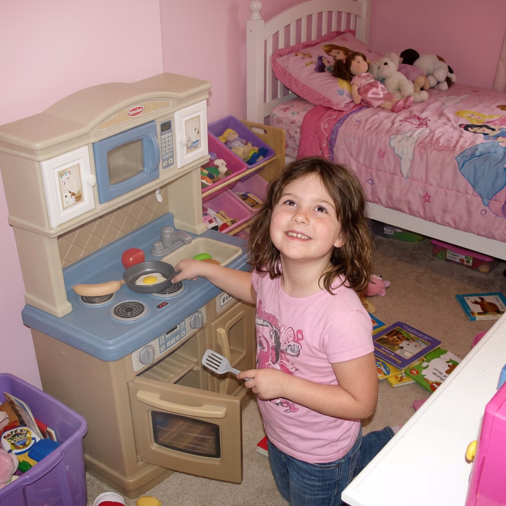 Anne as a child playing at a toy kitchen