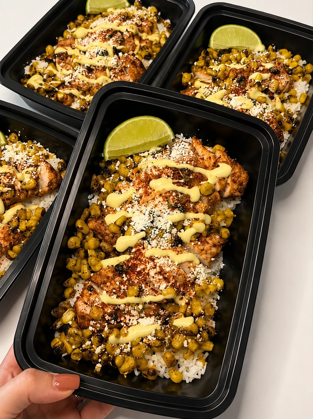 Loaded street corn chicken rice bowls with lime and creamy drizzle