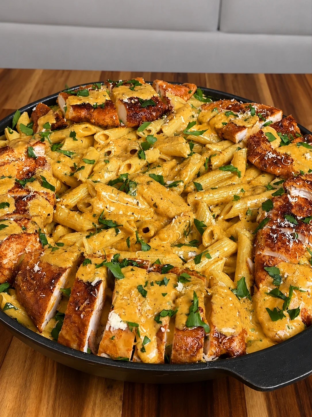 Creamy garlic chicken penne in a skillet with sliced chicken