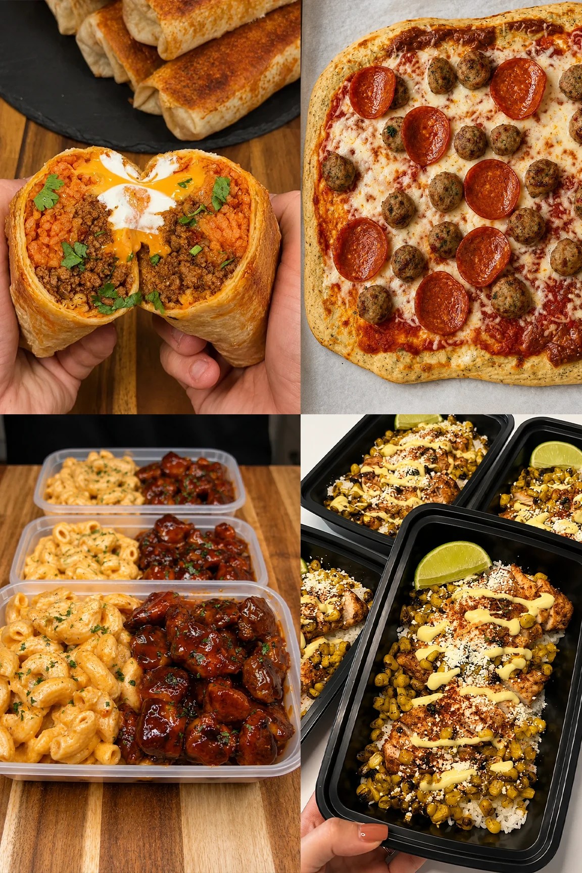 Collage of cheap high protein meal prep burritos, pizza, mac, and bowls