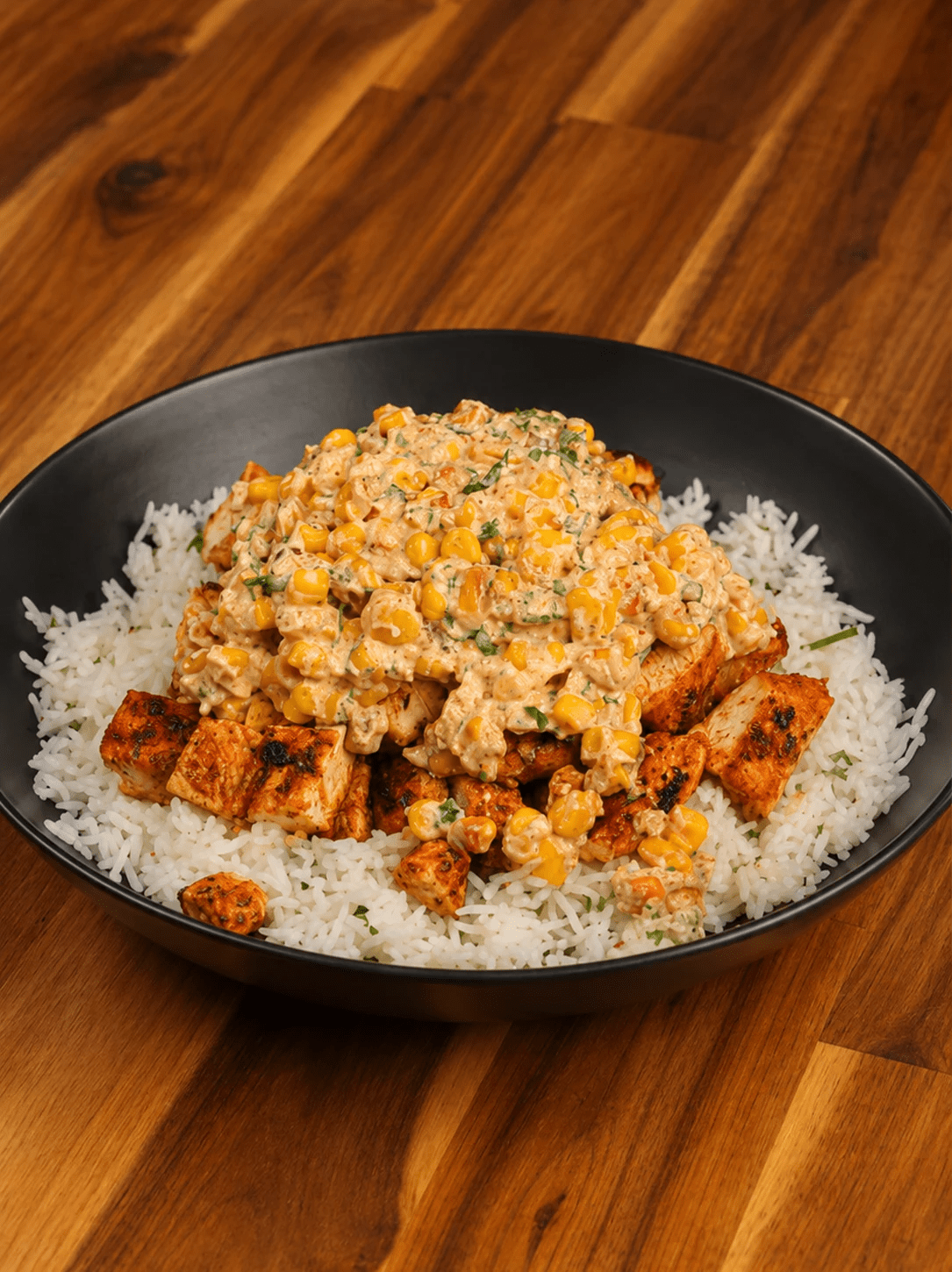 Chicken bowl with cilantro lime rice and creamy street corn