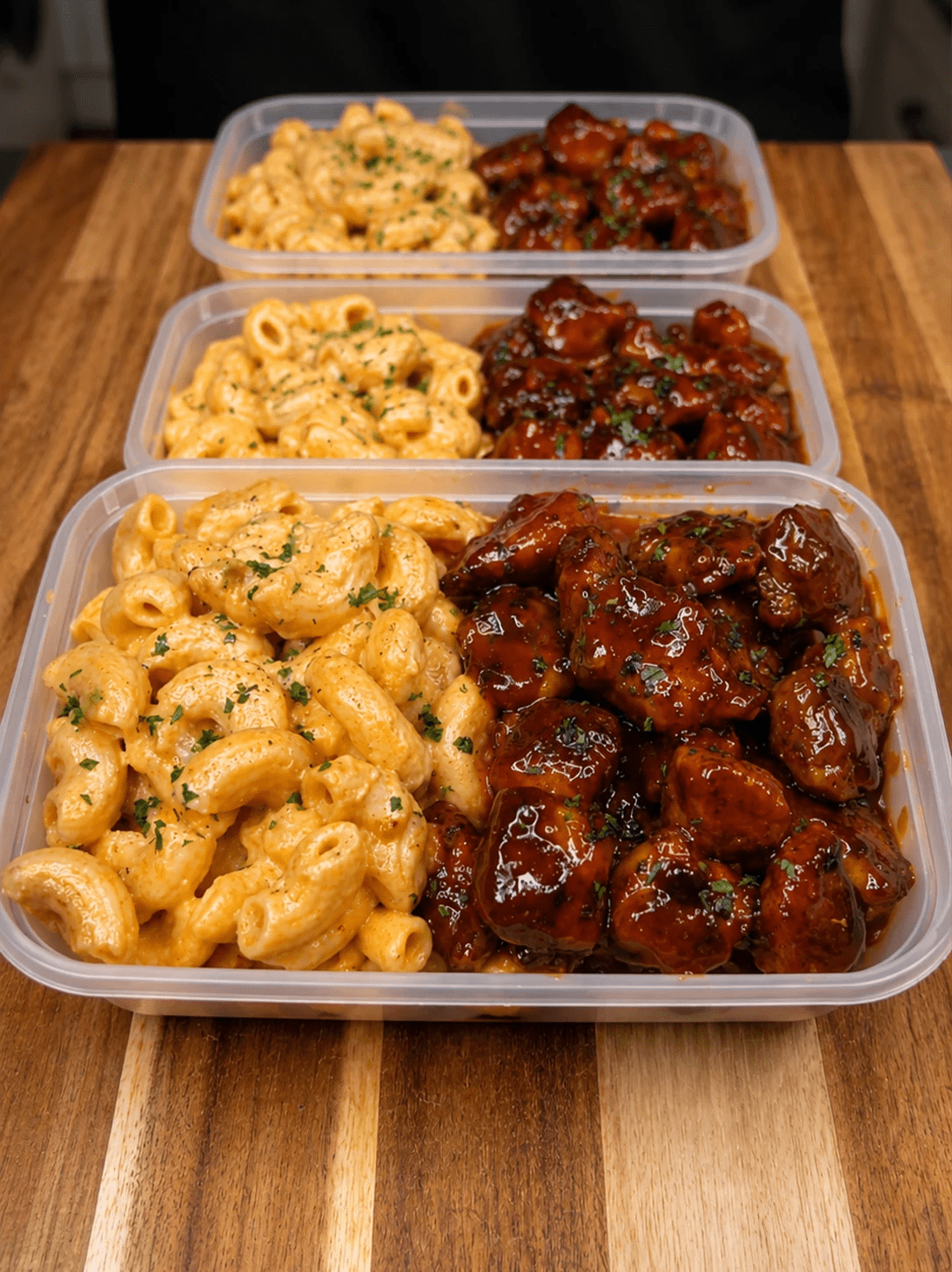 Meal prep containers with mac and cheese and honey garlic chicken
