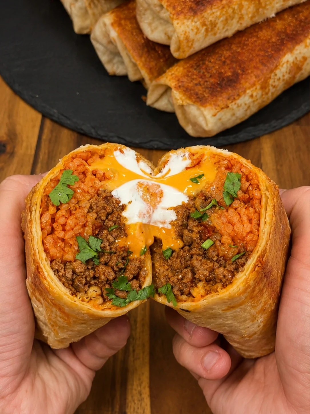 Toasted grilled cheese burrito cut open with beef, rice, and cheese