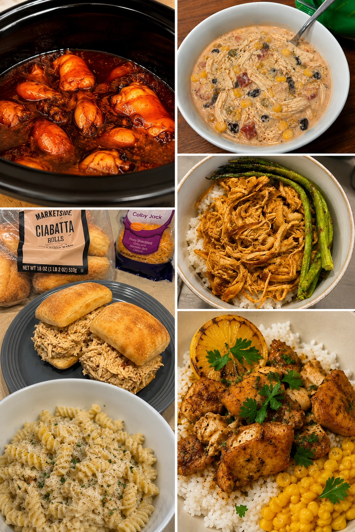 Collage of six budget chicken crockpot meals including BBQ drumsticks, taco soup, and shredded chicken bowls