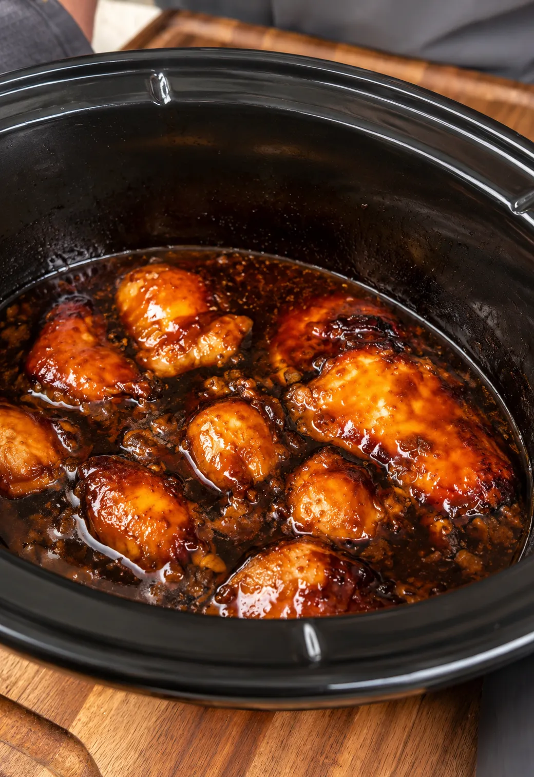 Glazed teriyaki chicken thighs in a black crockpot