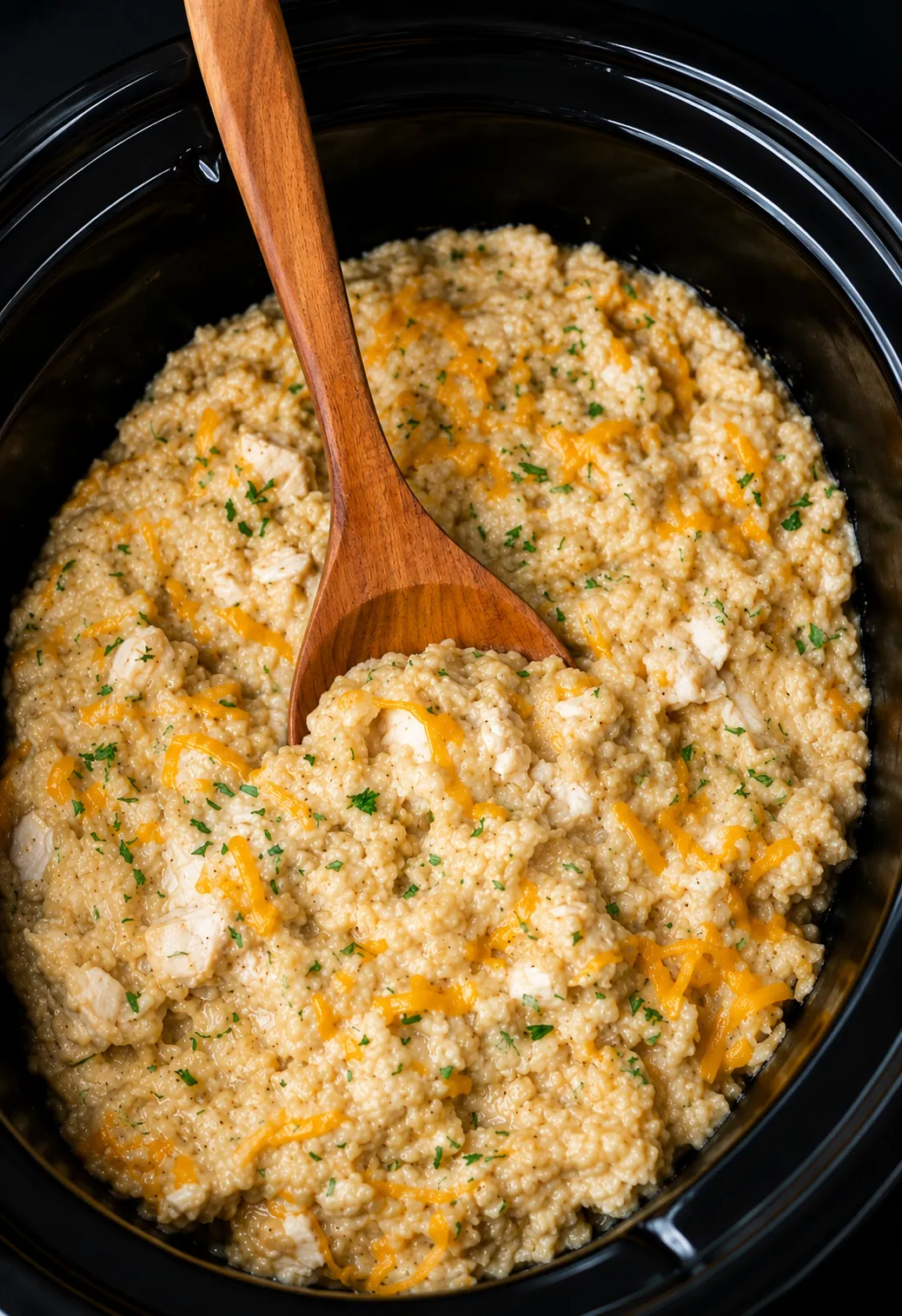 Creamy chicken and rice casserole in a crockpot with a wooden spoon