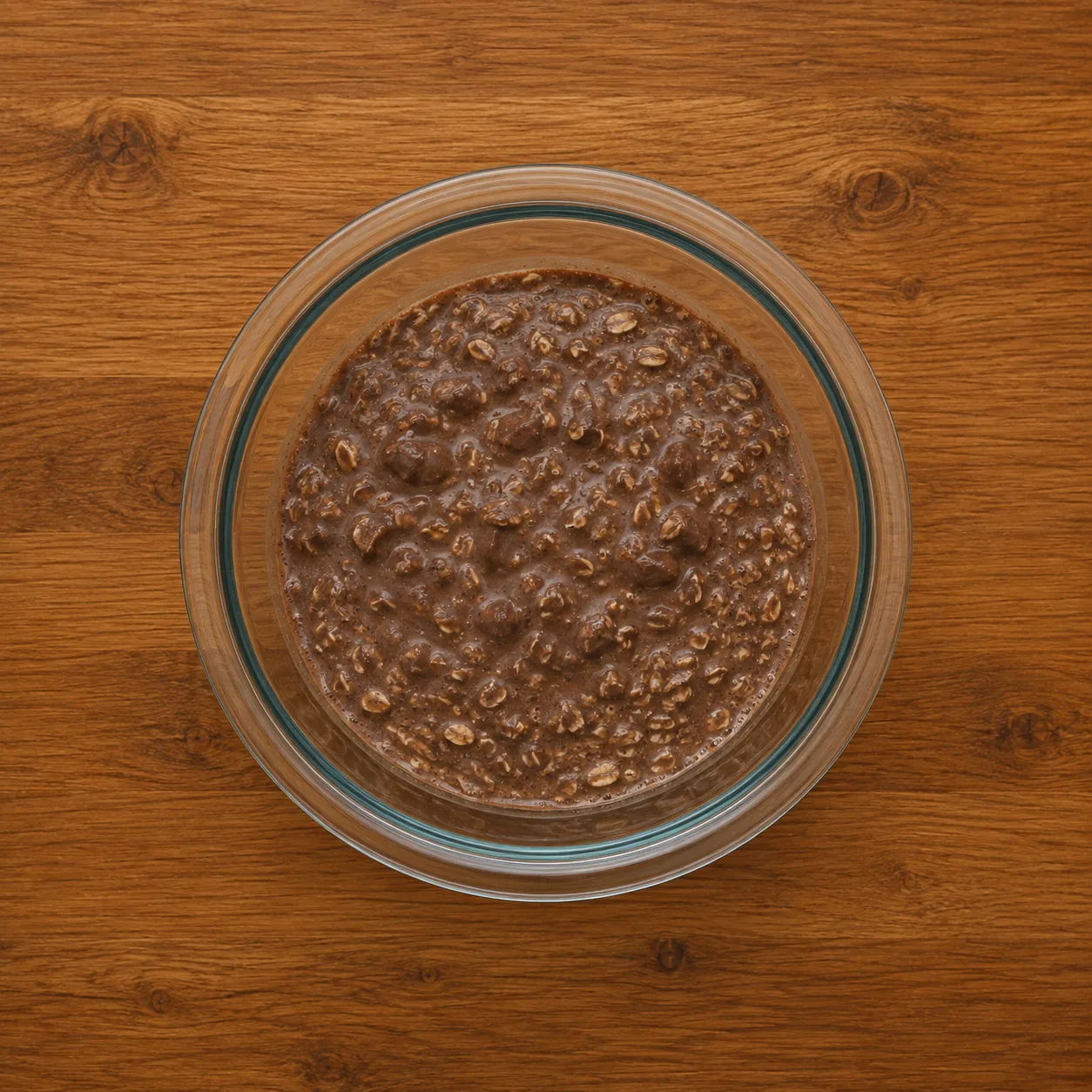Chocolate peanut butter overnight oats mixed in a bowl