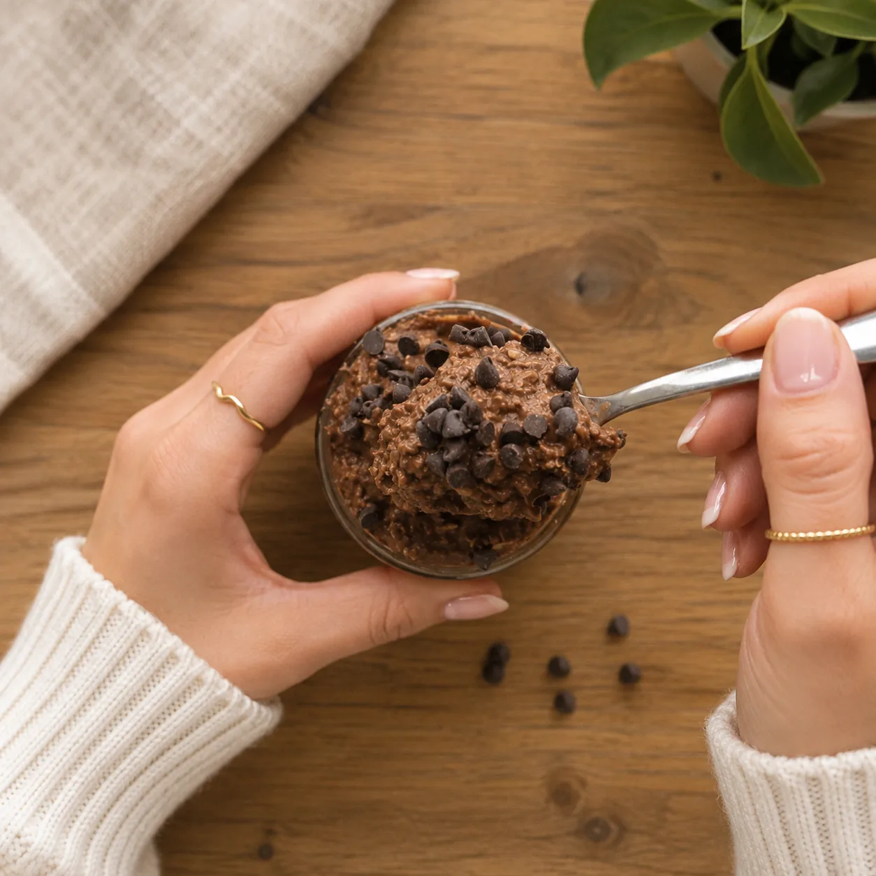 Hands holding a jar of high-protein chocolate peanut butter overnight oats topped with mini chocolate chips.