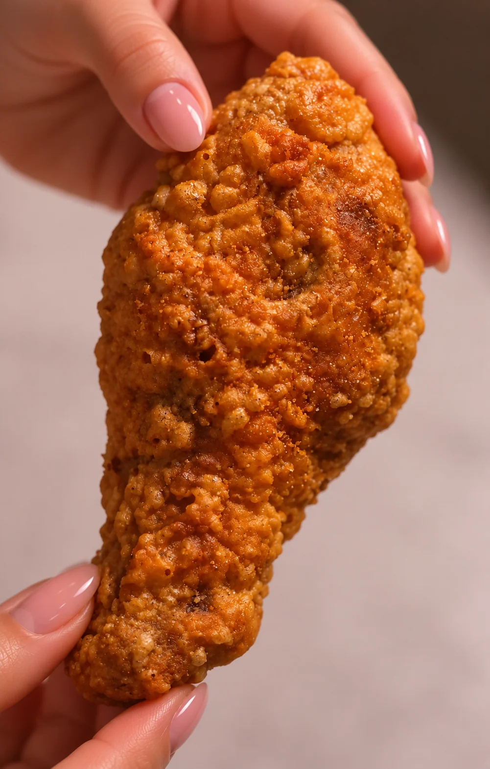 Close-up of a crispy fried chicken drumstick with a shatteringly crunchy crust