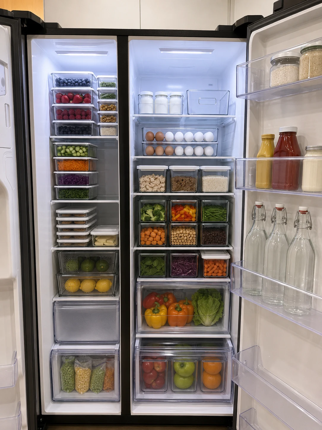Organized fridge with labeled dinner meal prep containers