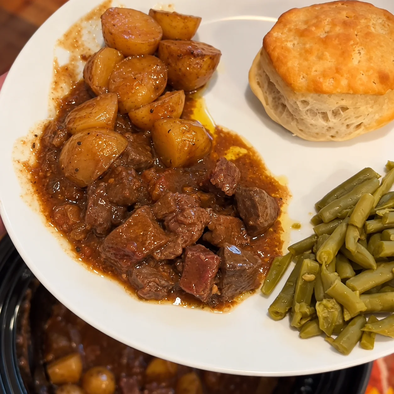 Dump-and-go slow cooker beef stew with biscuits