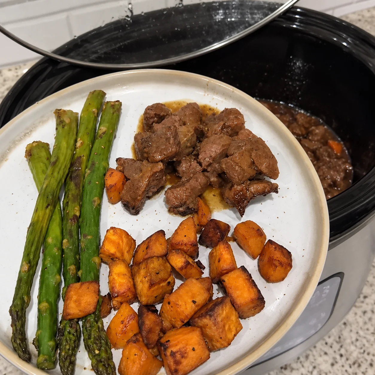 Dump-and-go slow cooker beef tips with sweet potatoes