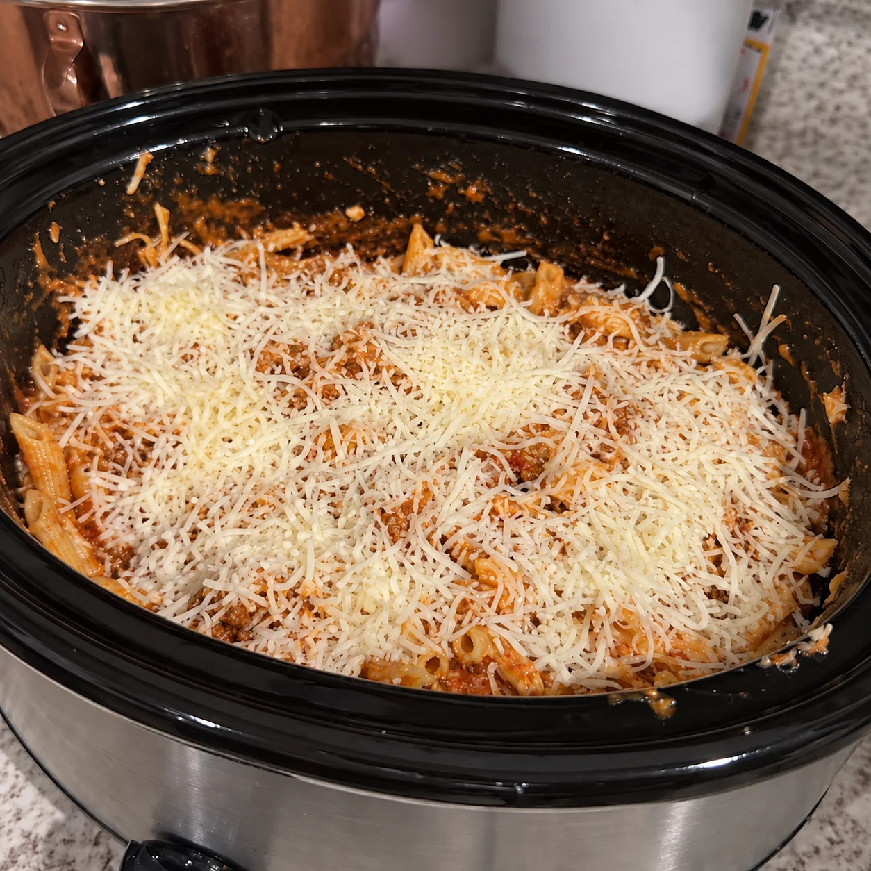 Dump-and-go crockpot cheesy penne bake