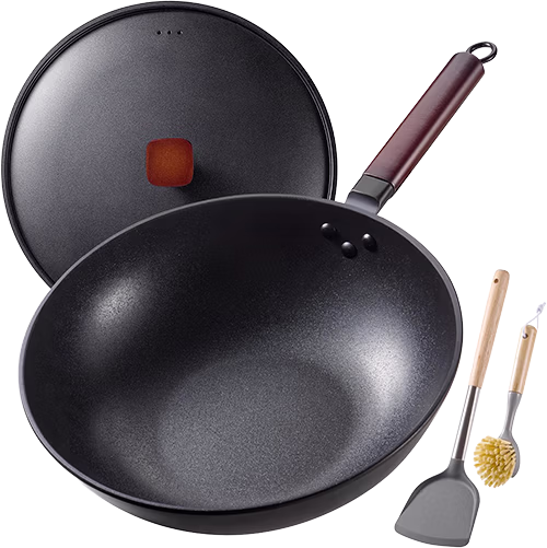 Carbon steel wok with glass lid and spatula for stir-fry fried rice