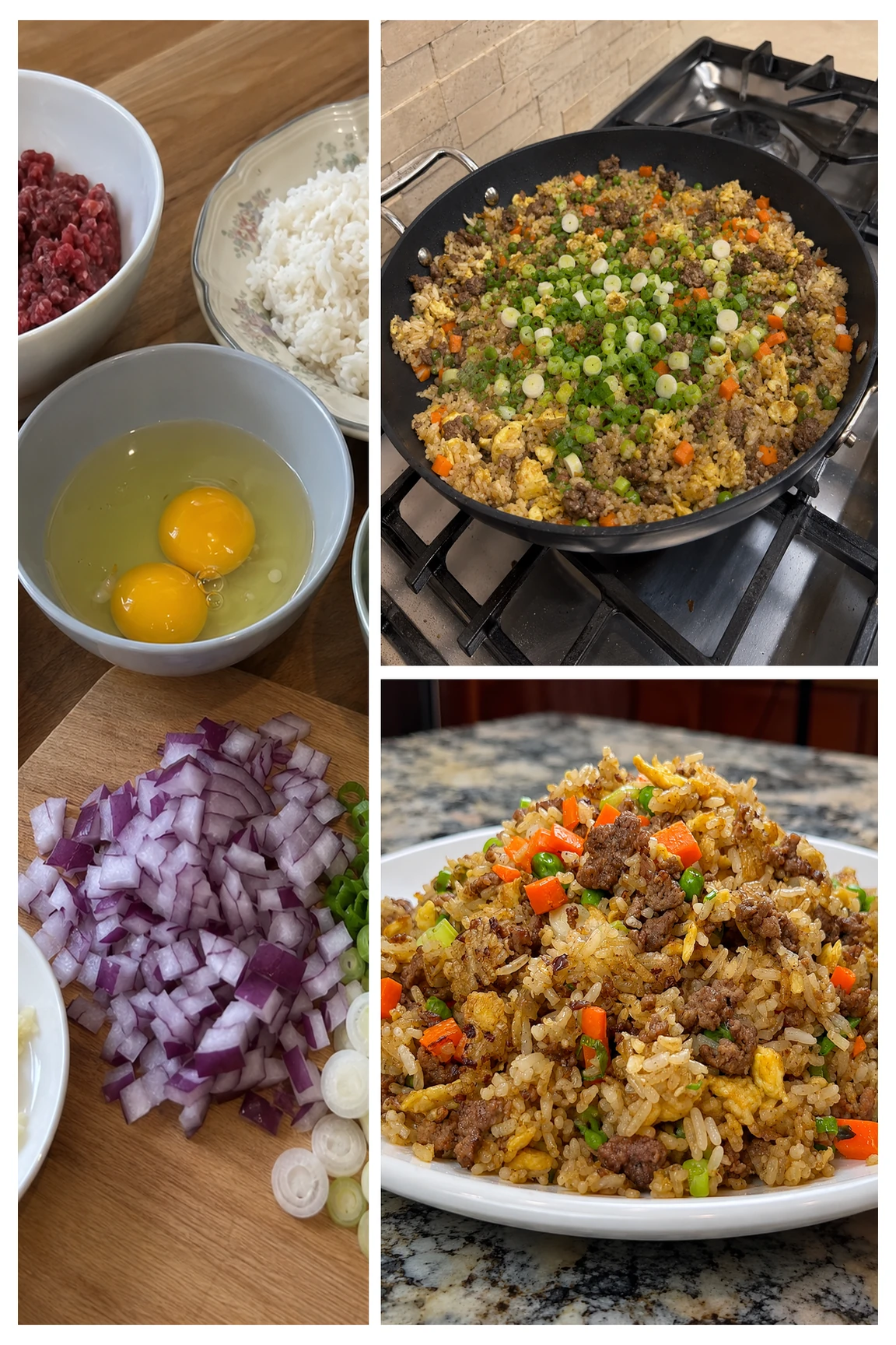Ground beef fried rice in a skillet