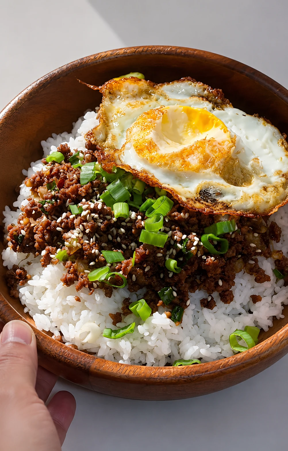 Korean-style ground beef bowl over rice with egg and green onions