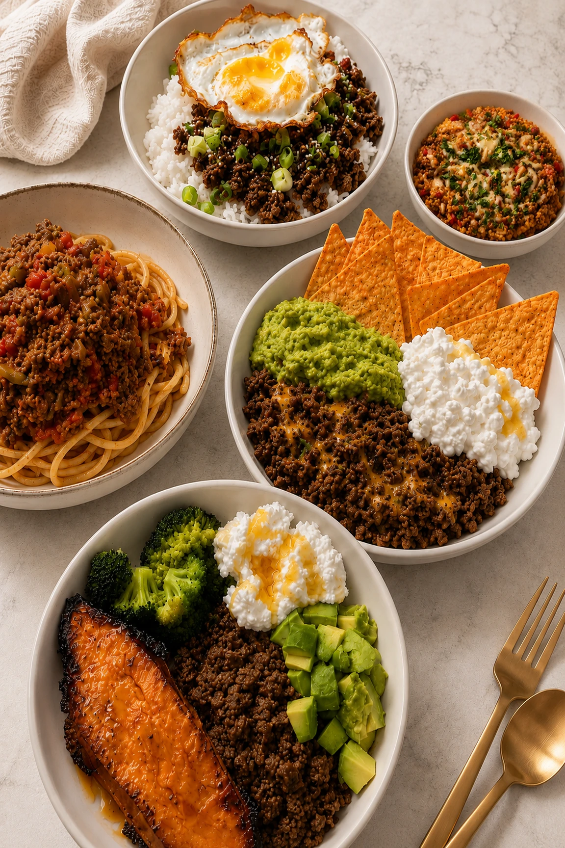Five ground beef meal prep bowls including Korean beef rice, pasta bolognese, taco bowl, and sweet potato bowl