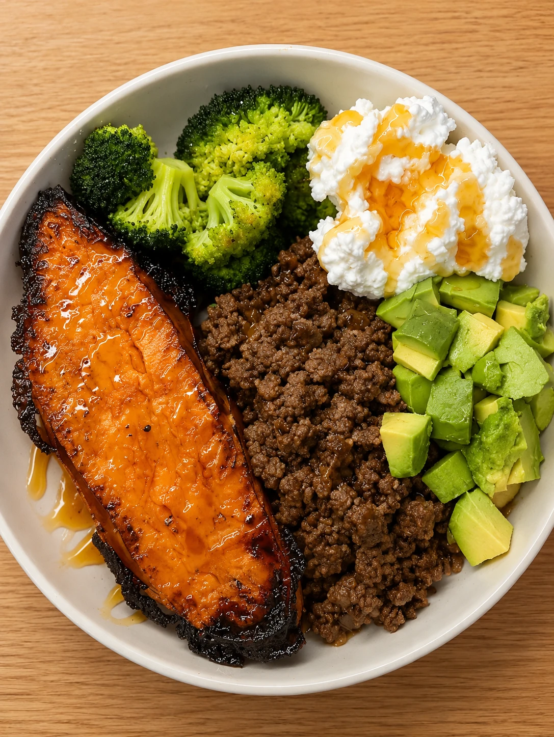 Ground beef bowl with roasted sweet potato, broccoli, avocado, and cottage cheese