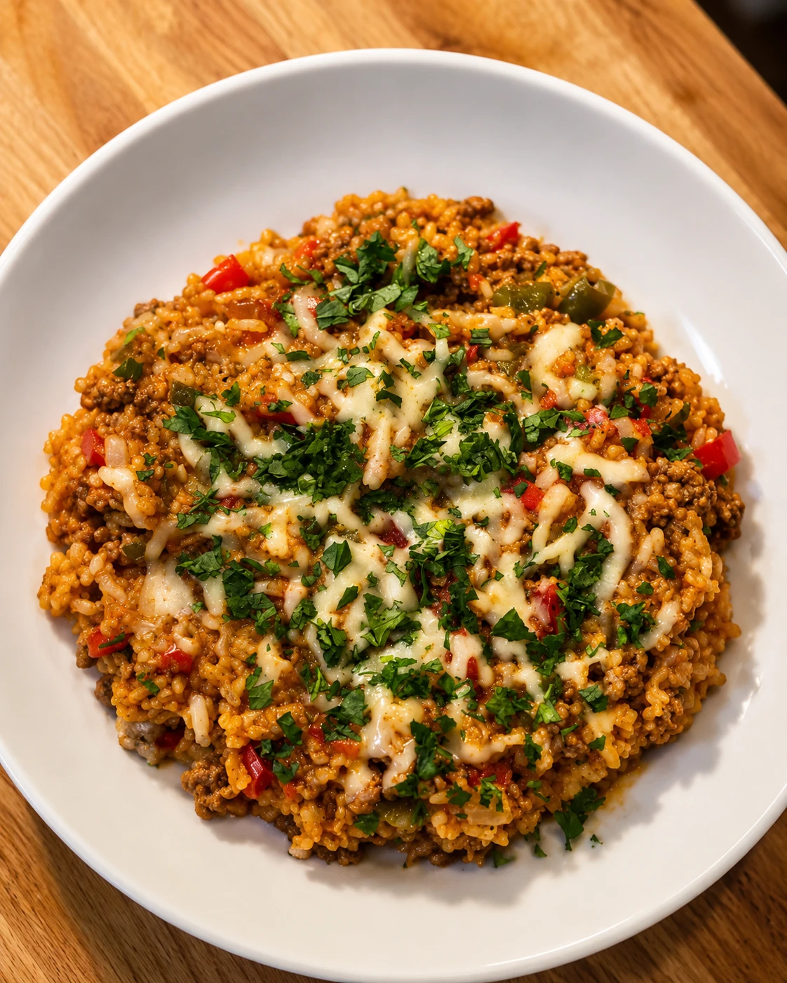 Cheesy ground beef and rice skillet with diced bell peppers