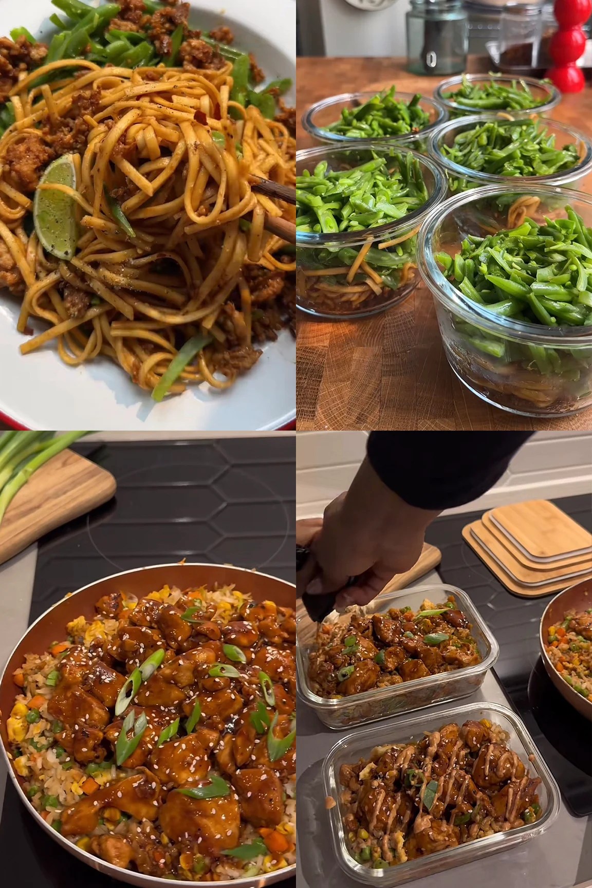 Collage of honey garlic noodle bowls and chicken fried rice meal prep