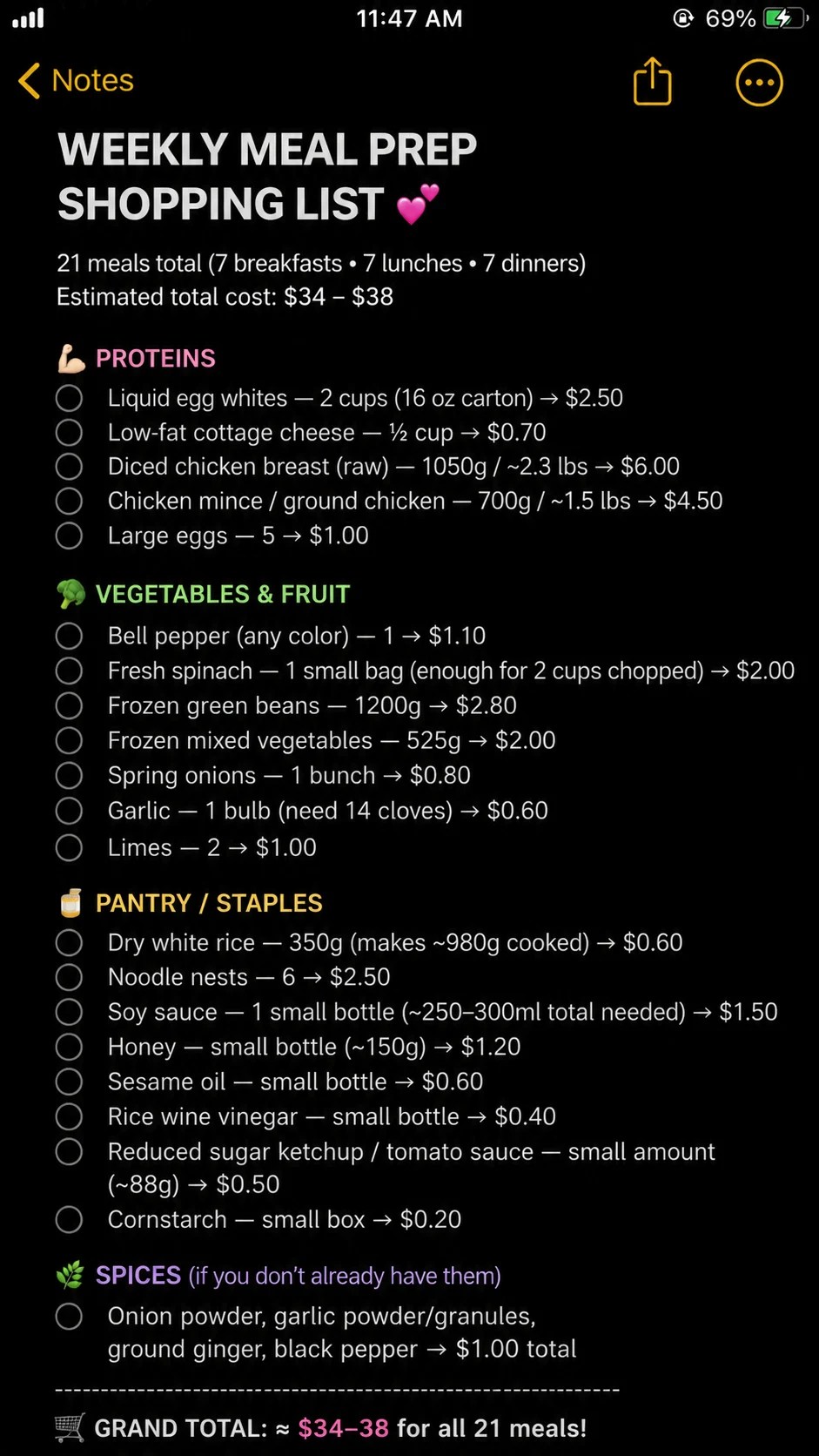 Weekly meal prep shopping list screenshot totaling about $34 to $38