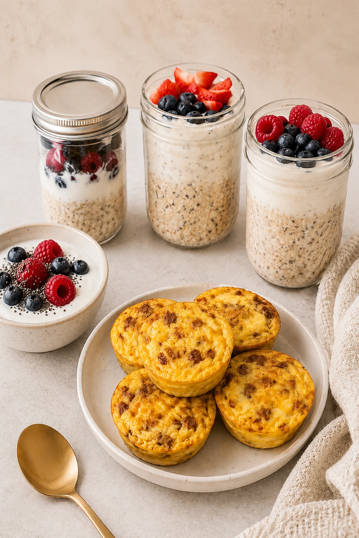 High protein breakfast meal prep jars and egg bites