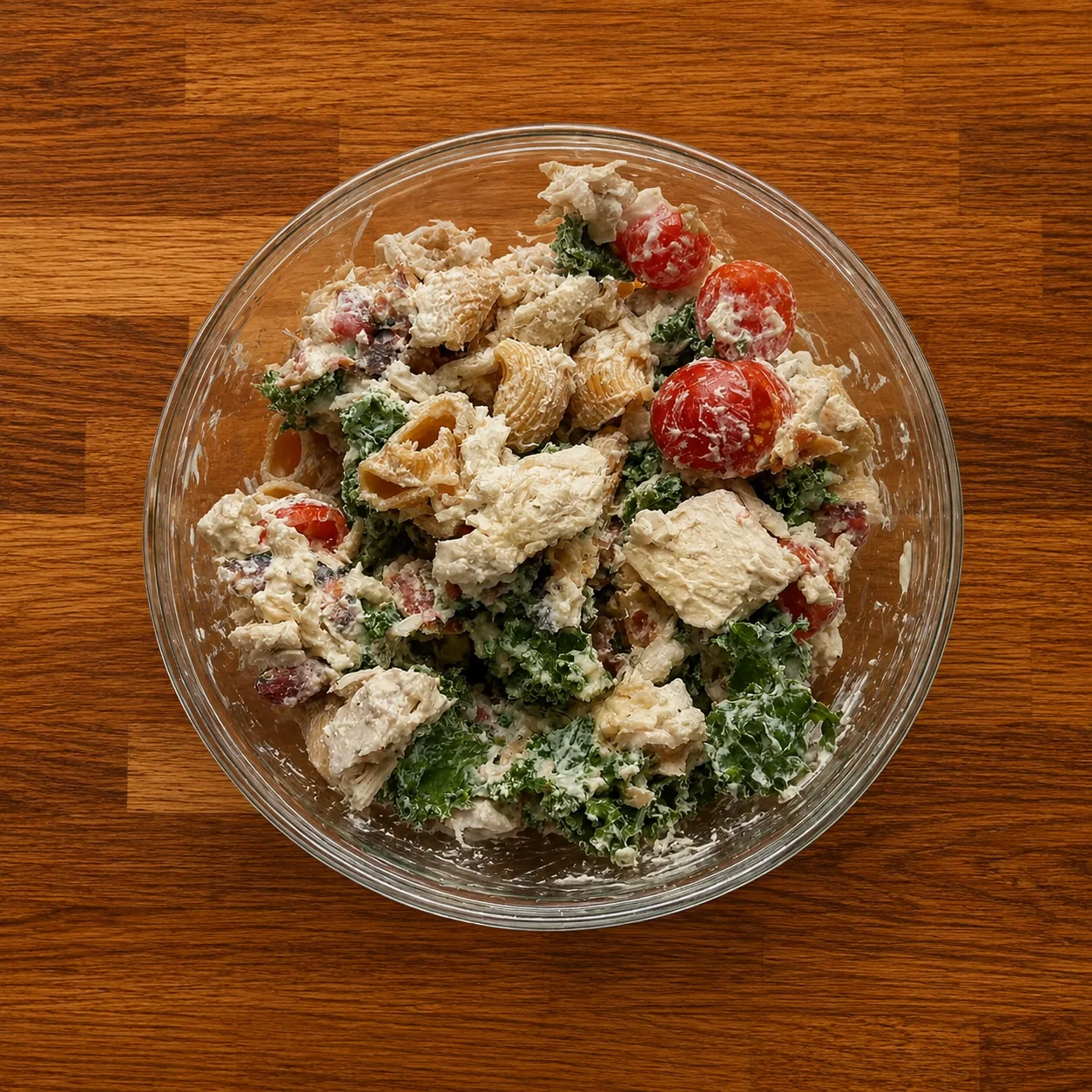 High-protein chicken Caesar pasta salad tossed in a glass bowl with kale, cherry tomatoes, shredded chicken and Greek yogurt Caesar