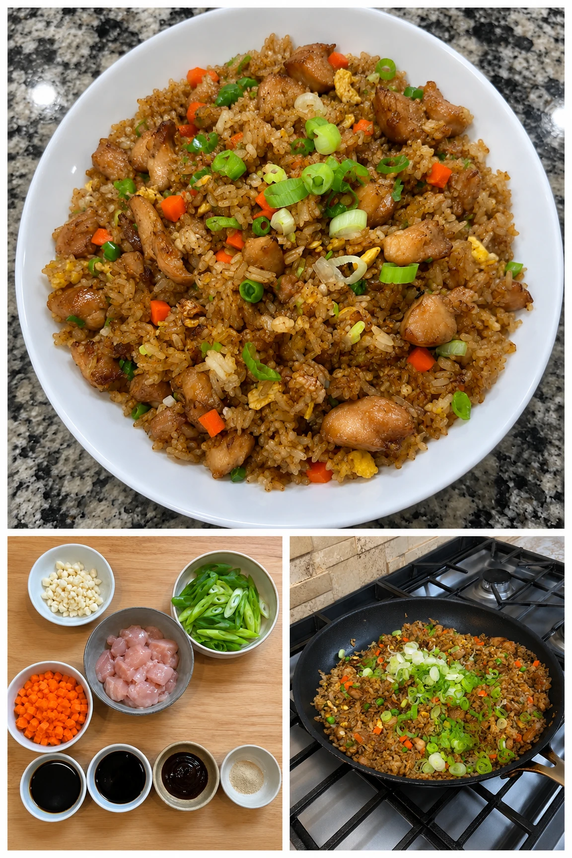 Collage of chicken fried rice with day-old rice, carrots, peas, egg, and green onion