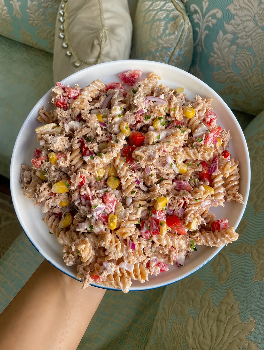 Creamy protein pasta salad in a bowl