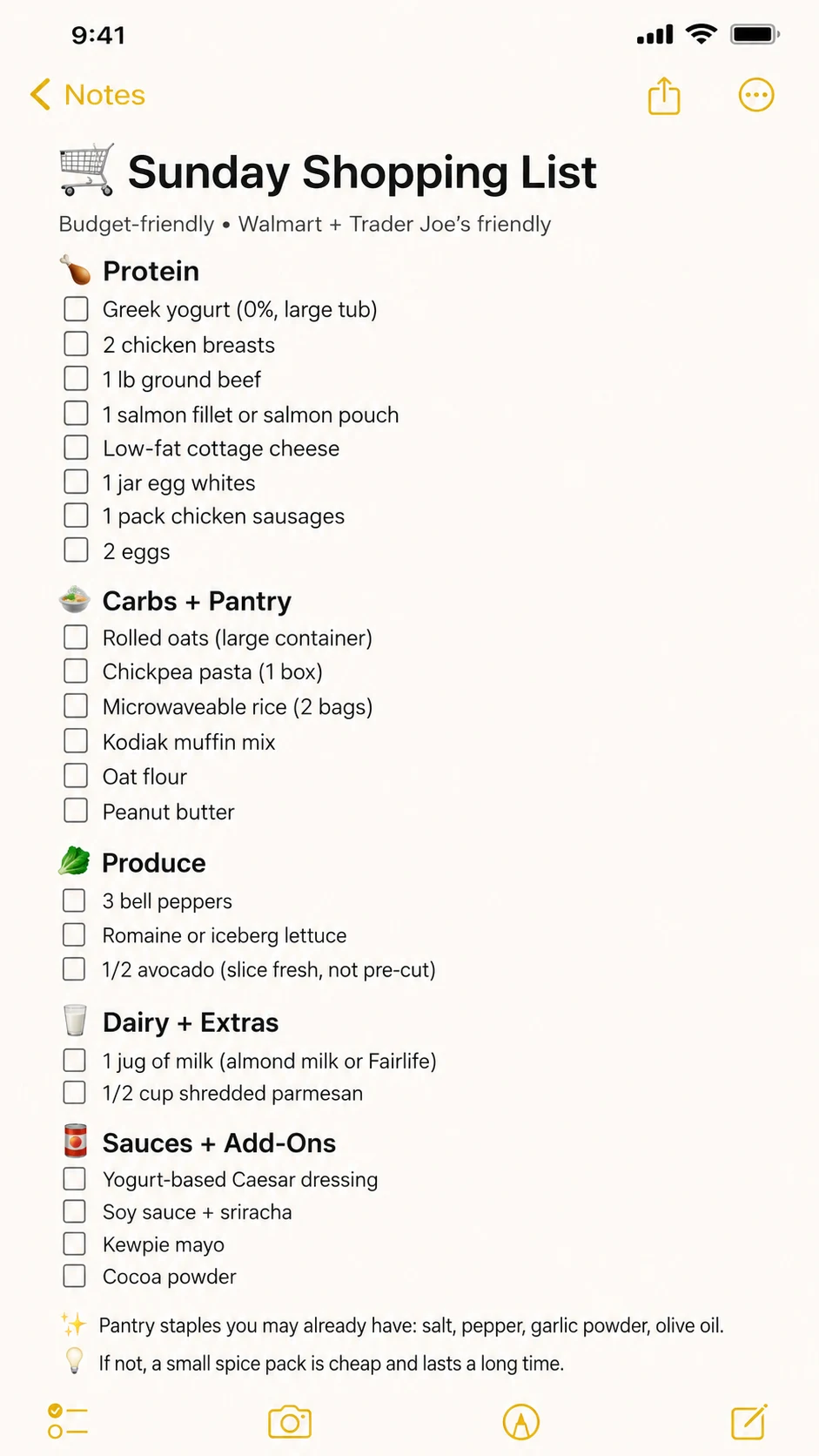 College student meal prep grocery shopping list