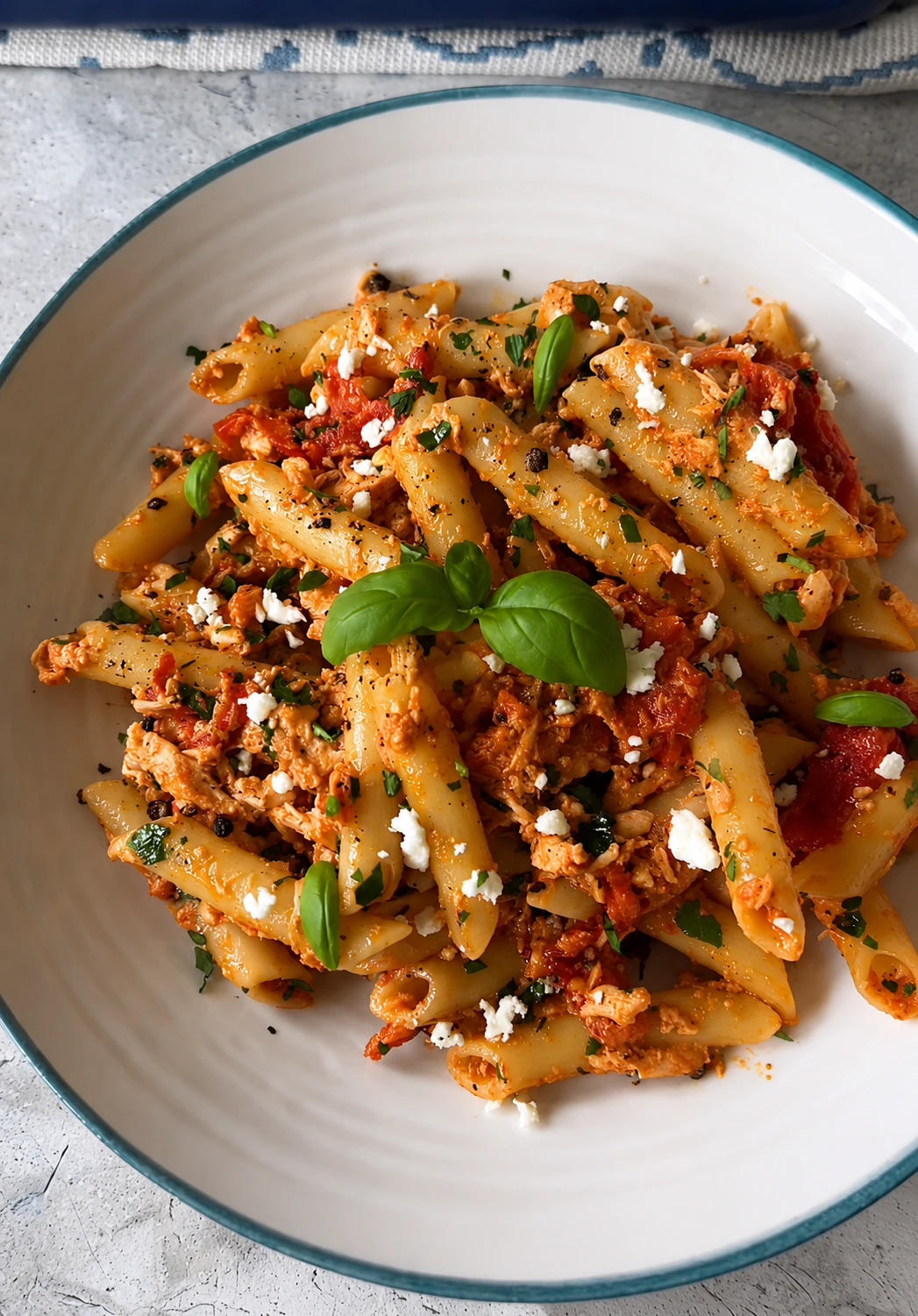 Penne pasta with chicken, sun-dried tomatoes, feta, and fresh basil