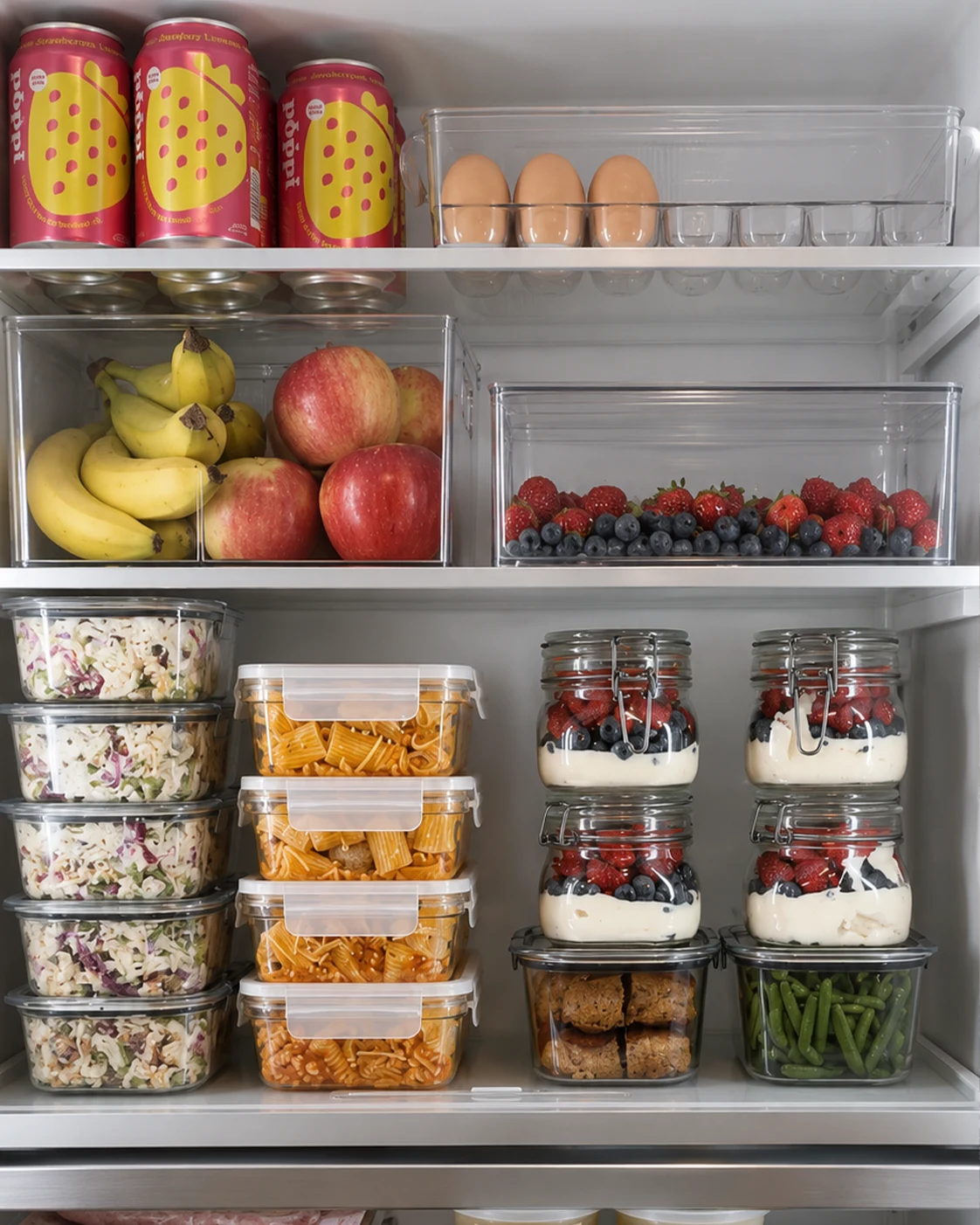 Aesthetic Pinterest-style fridge with matching meal prep containers and parfait jars