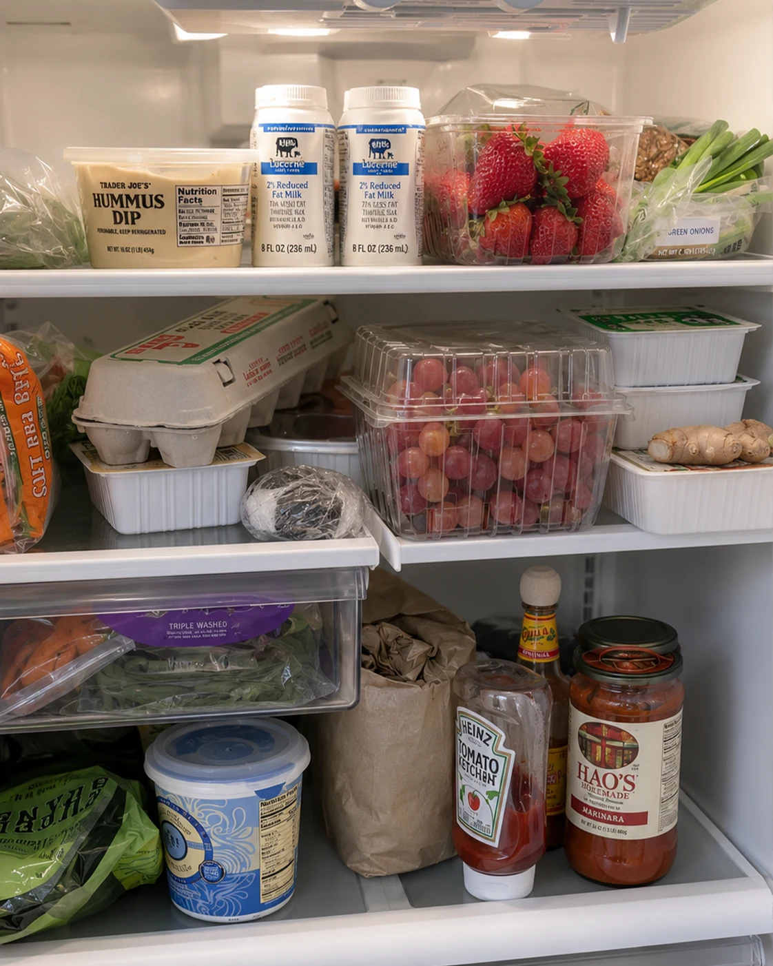 Realistic budget fridge with eggs, hummus, milk, fruit, and staples