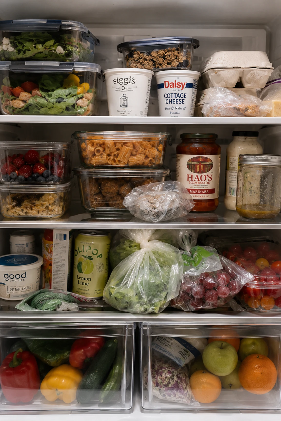 Organized fridge with meal prep containers, yogurt, eggs, produce, and pasta