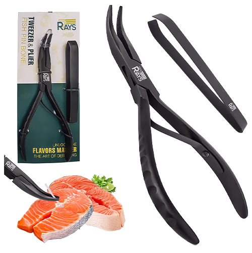 Fish bone pliers next to salmon fillets for deboning a salmon rice bowl