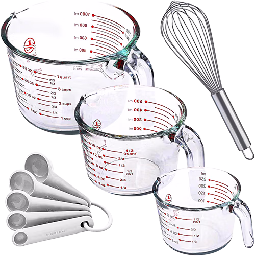 Glass measuring cups with a whisk for mixing egg white bites