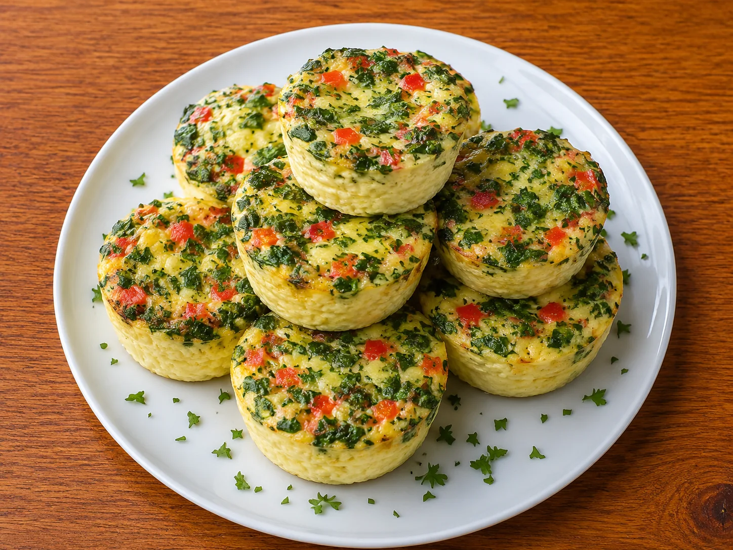 A plate of Starbucks copycat egg white bites with red pepper, spinach and parsley.