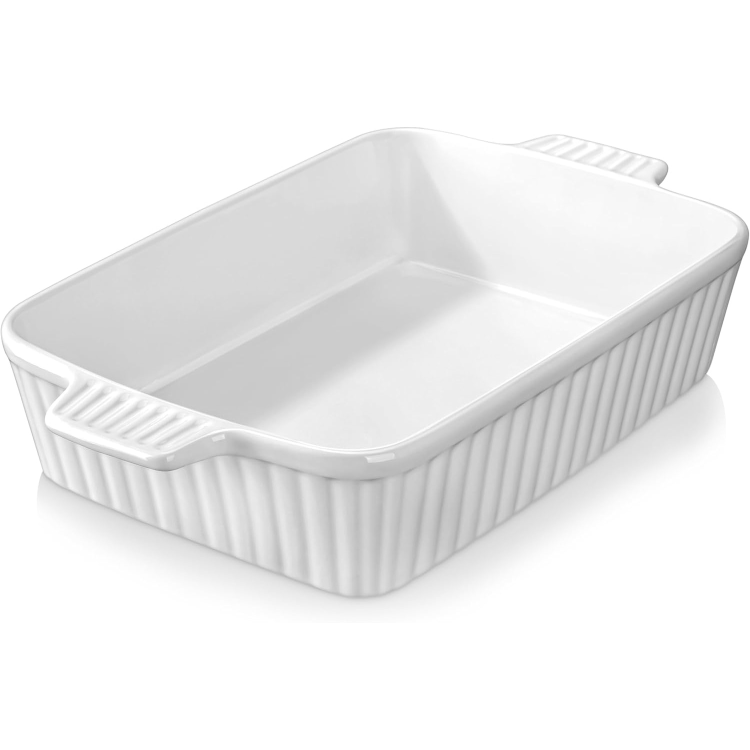 White ribbed MALACASA ceramic casserole dish with handles