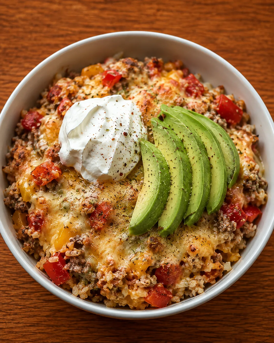 Healthy stuffed pepper bake served in a bowl with sour cream and avocado